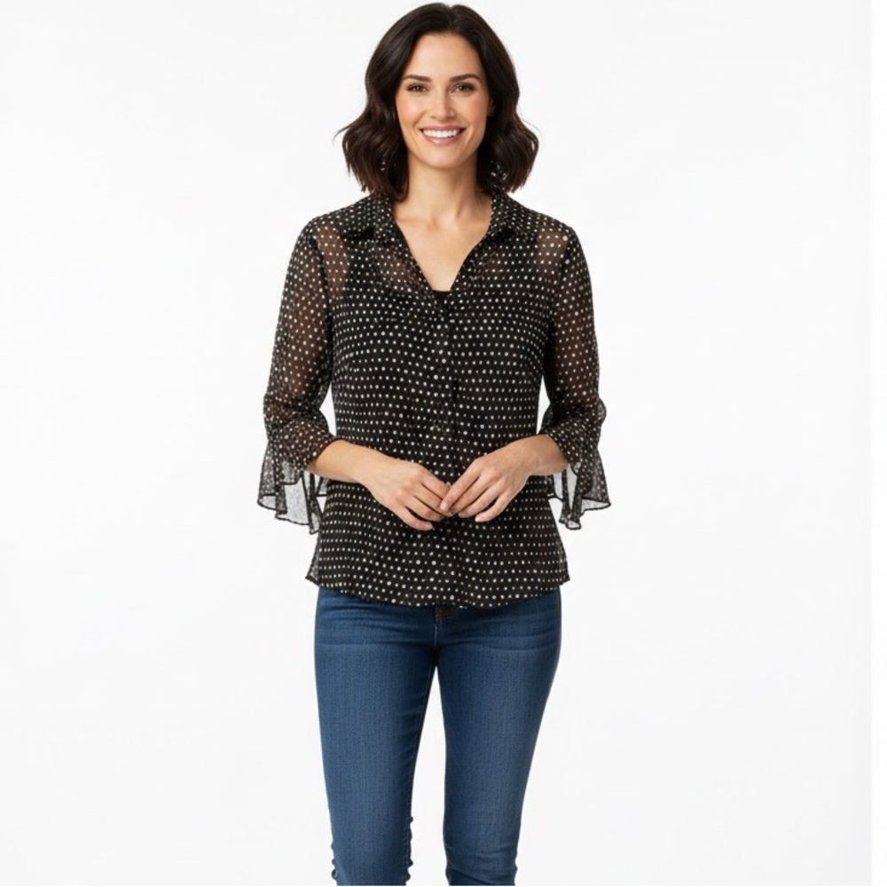 SilkLand Black Sheer Polka Dot Button-Down Shirt